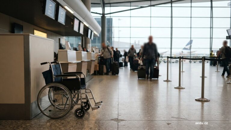 Invalidní vozík připravený u odbavovací haly letiště