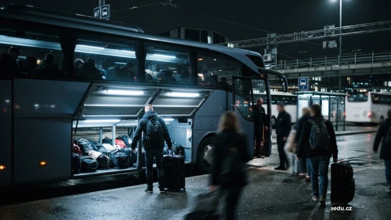 Dálkový autobus s otevřeným zavazadlovým prostorem na nádraží