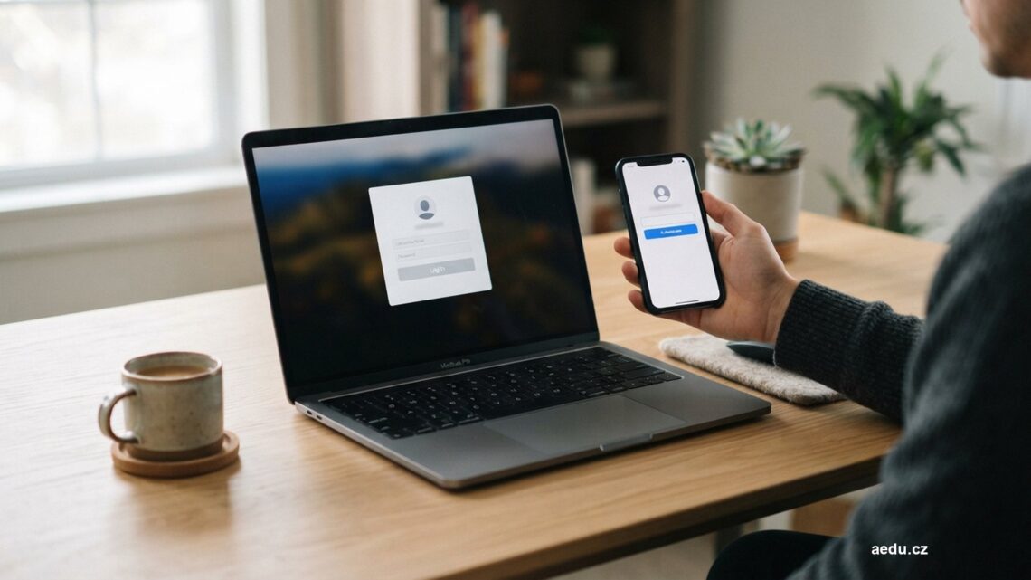 Notebook s přihlašovacím formulářem a mobilní telefon na stole