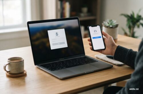 Notebook s přihlašovacím formulářem a mobilní telefon na stole