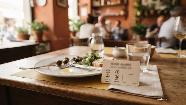 Stůl v restauraci s kartičkou o alergiích vedle talíře