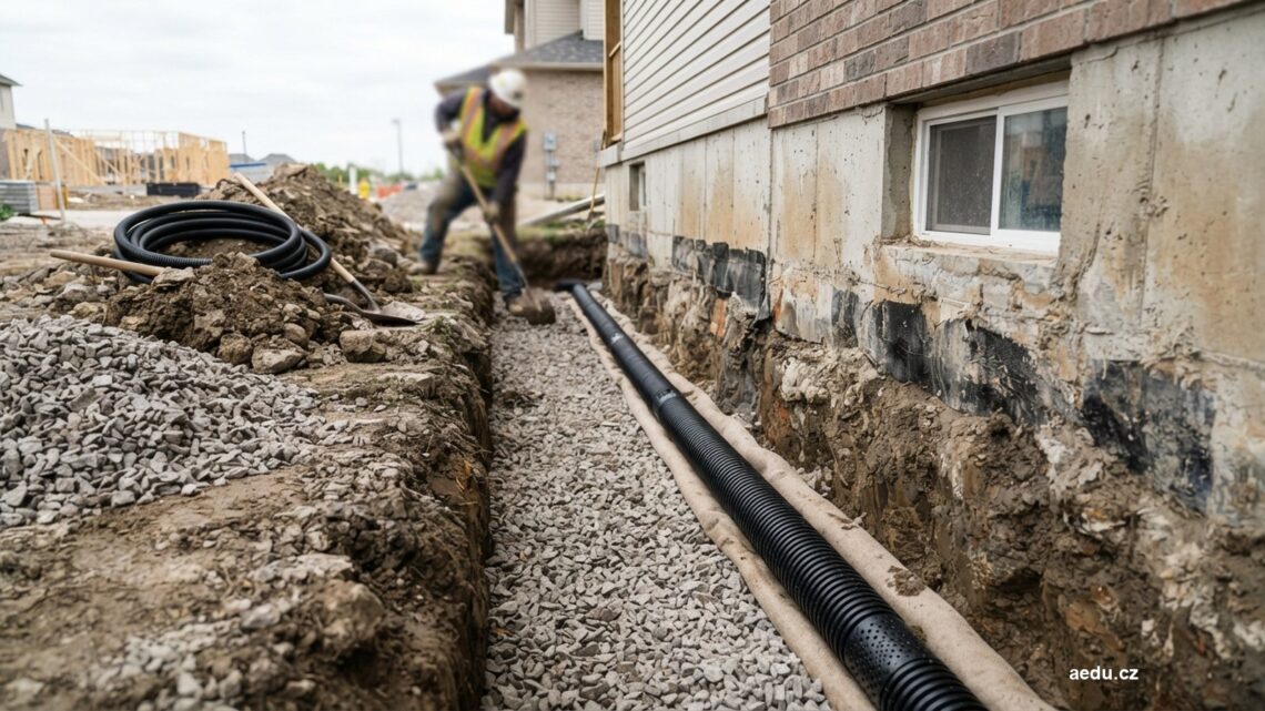 Výkop podél základu domu s drenážní trubkou a kamenivem