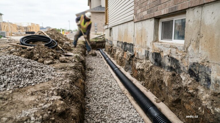 Výkop podél základu domu s drenážní trubkou a kamenivem