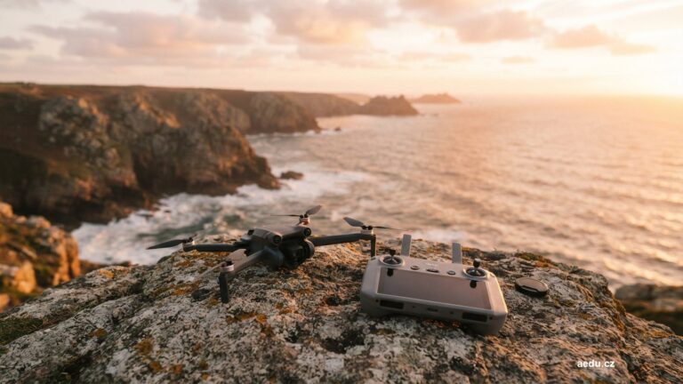 Malý dron položený na skále nad pobřežní krajinou
