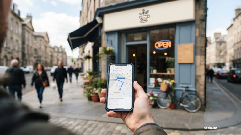 Průčelí malé provozovny a telefon s mapou v popředí