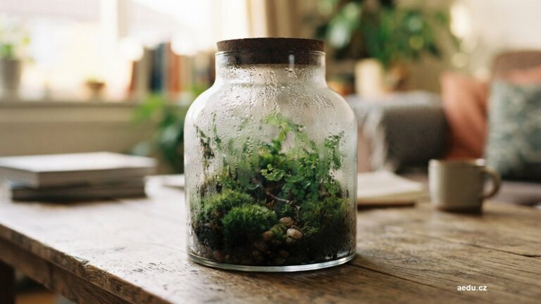 Uzavřené skleněné florárium s mechem a drobnými kapradinami