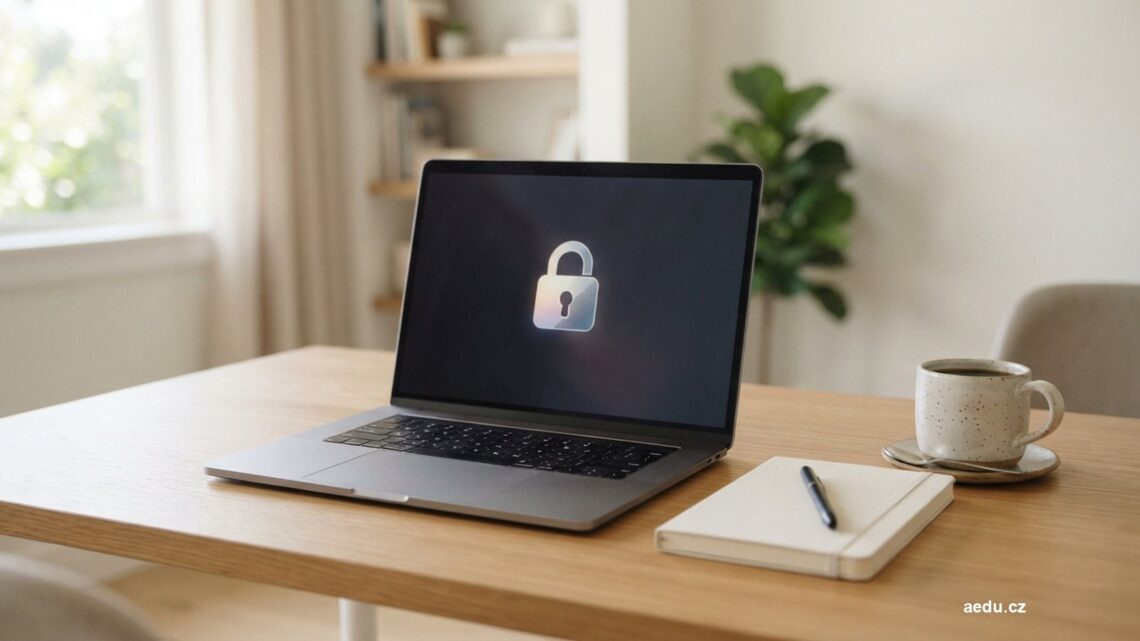Notebook na pracovním stole se symbolem zámku na obrazovce