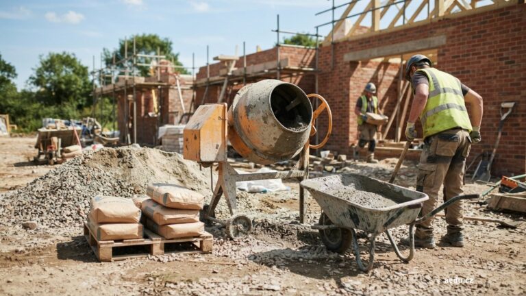 Míchačka, kolečko a hromada kameniva na stavbě