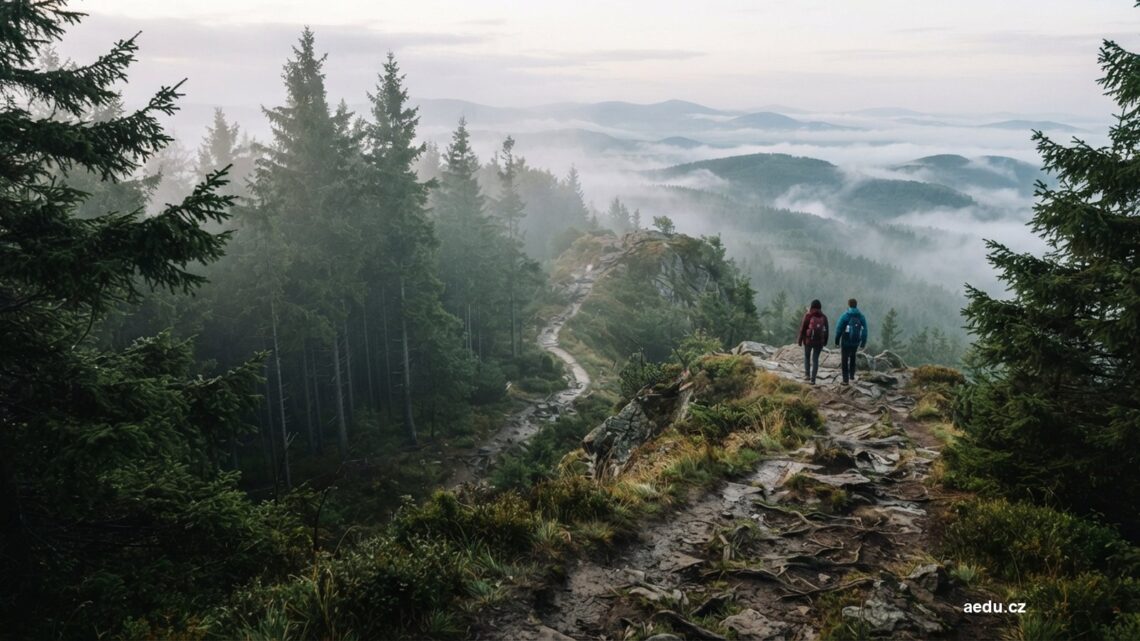 Horská turistická cesta smrkovým lesem s výhledem na hřeben