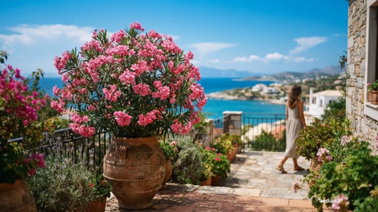 Kvetoucí růžový oleandr ve velké nádobě na slunné terase