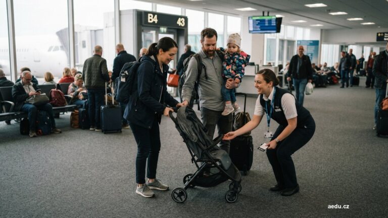 Odbavení složeného kočárku u odletové brány