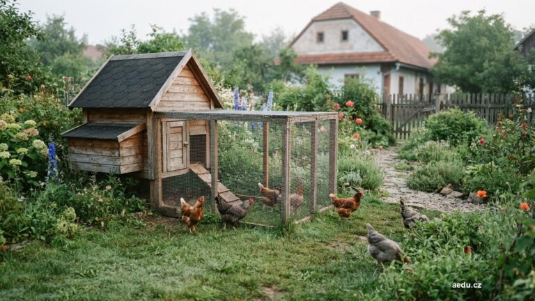 Dřevěný kurník s výběhem oploceným pletivem na zahradě