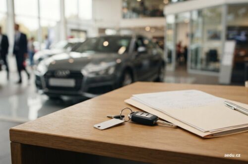 Klíče od auta a složka dokumentů na stole v autosalonu