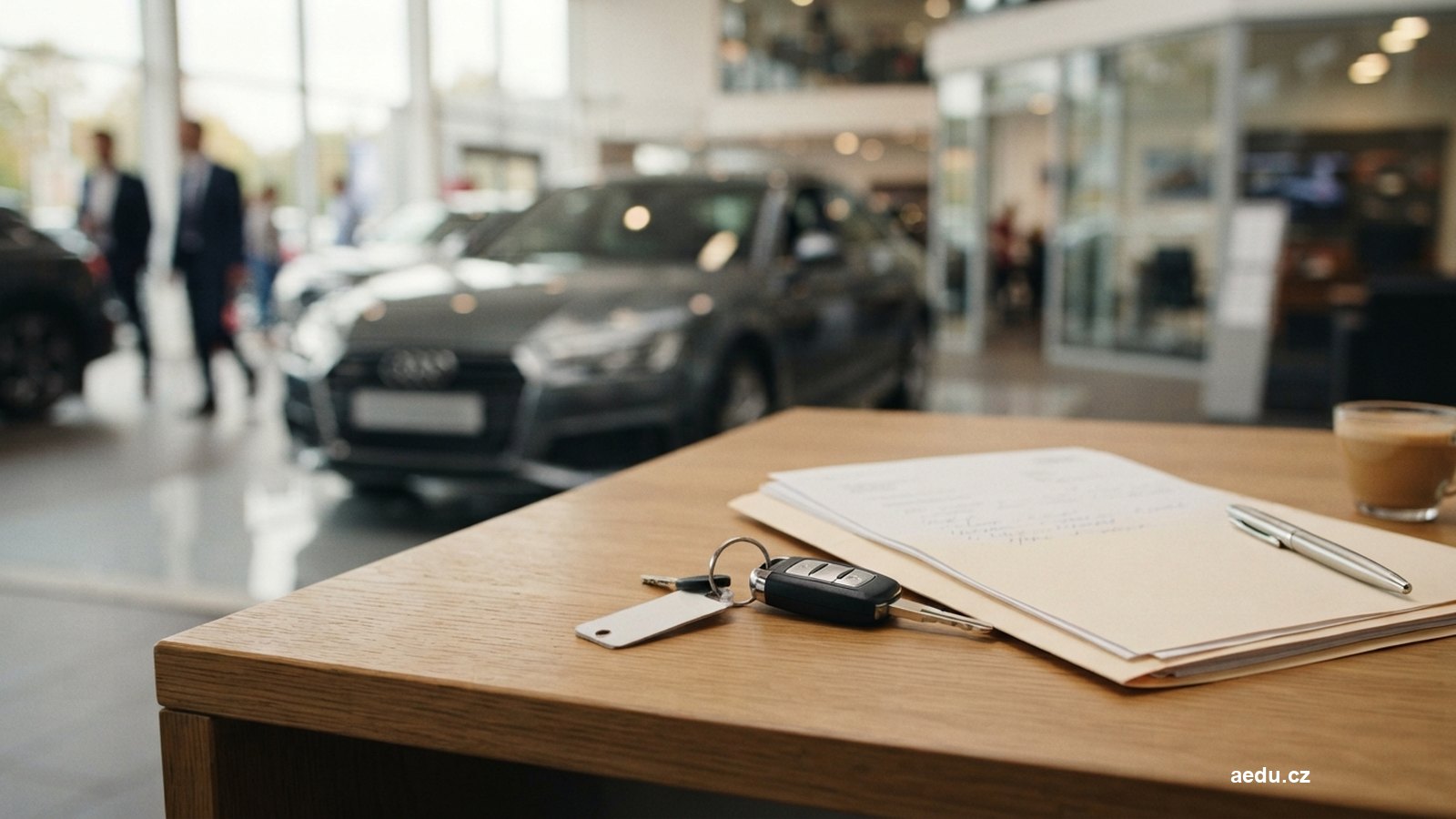Klíče od auta a složka dokumentů na stole v autosalonu
