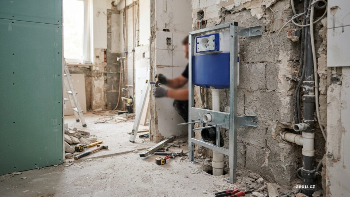 Podomítkový rám pro závěsné WC ukotvený u stěny