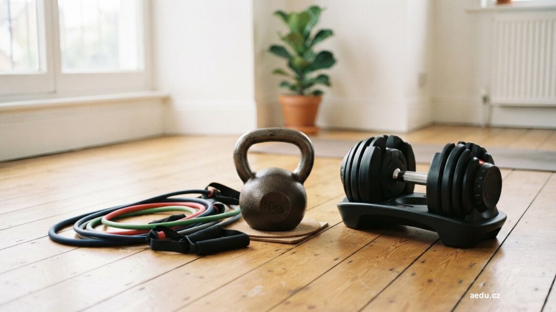 Nastavitelná činka, kettlebell a odporové gumy na podlaze