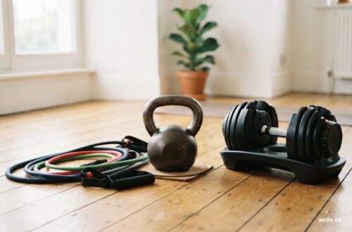 Nastavitelná činka, kettlebell a odporové gumy na podlaze