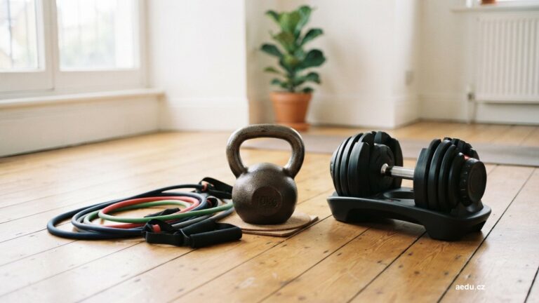 Nastavitelná činka, kettlebell a odporové gumy na podlaze