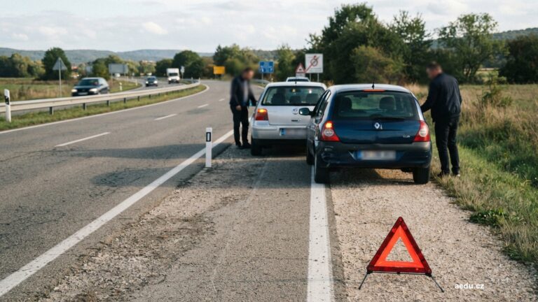 Dvě auta odstavená u silnice s výstražným trojúhelníkem