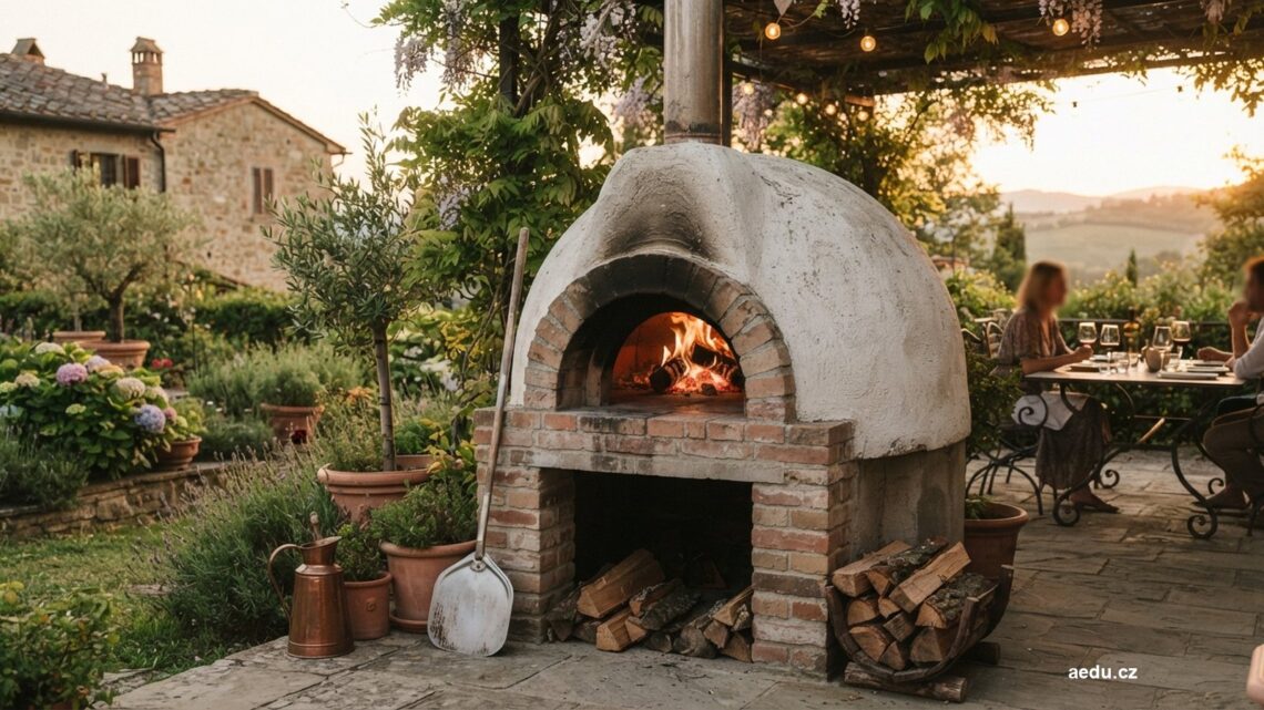 Kopulová zahradní pec na pizzu s cihlovým ústím a omítnutým pláštěm