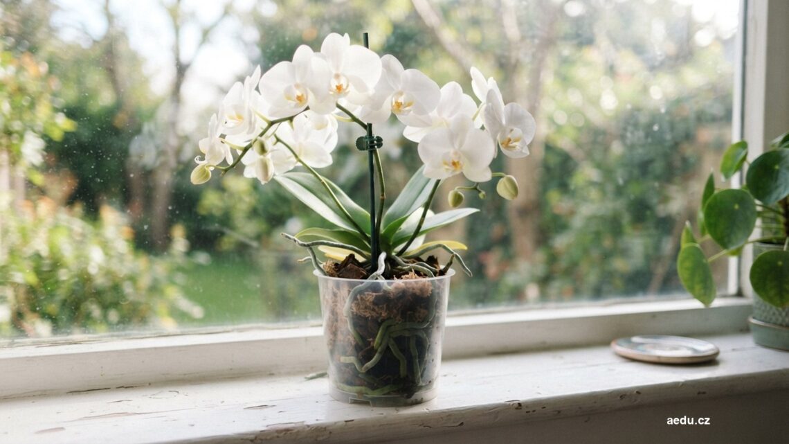 Bílá orchidej phalaenopsis v průhledném květináči na parapetu