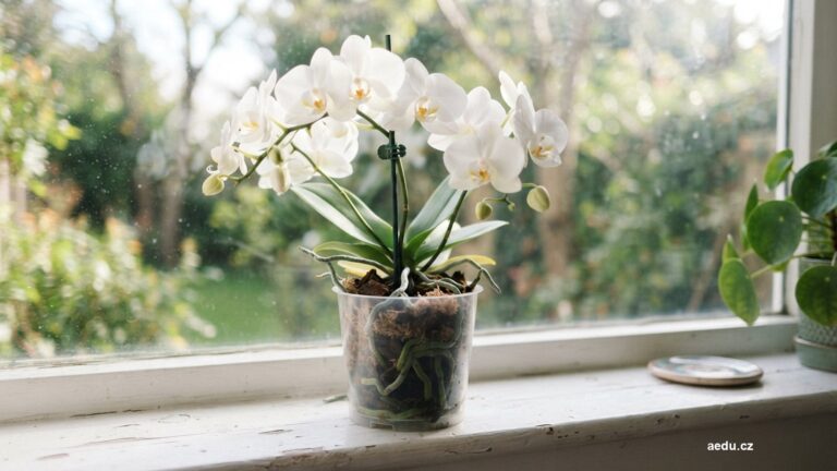 Bílá orchidej phalaenopsis v průhledném květináči na parapetu