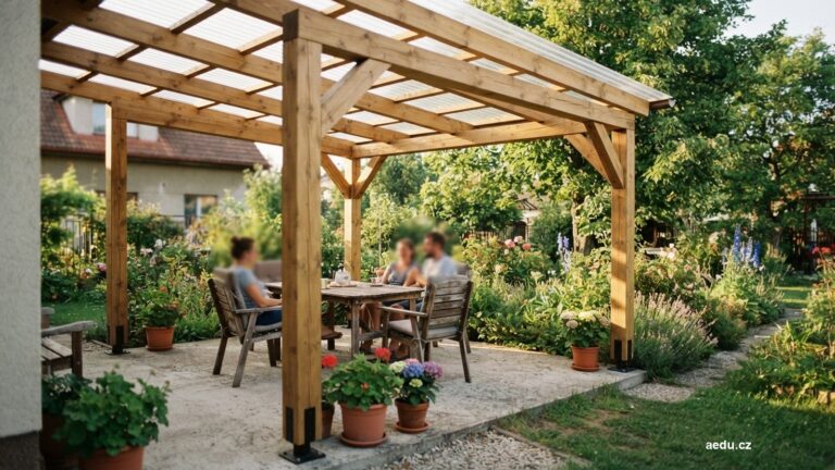 Dřevěná pergola se sloupky kotvenými do patek a s polykarbonátovým zastřešením