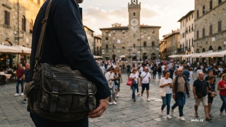 Zaplněné náměstí s turisty a taškou drženou před tělem