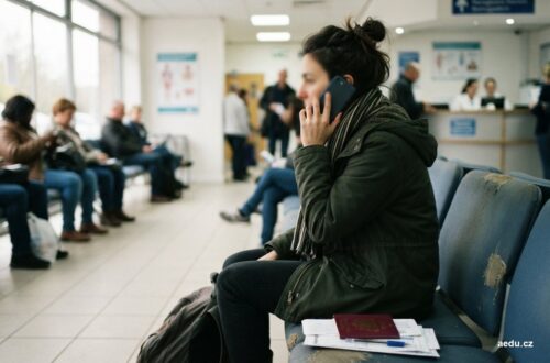 Cestující telefonuje v čekárně zahraniční kliniky