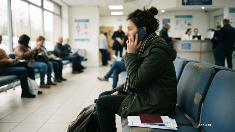 Cestující telefonuje v čekárně zahraniční kliniky