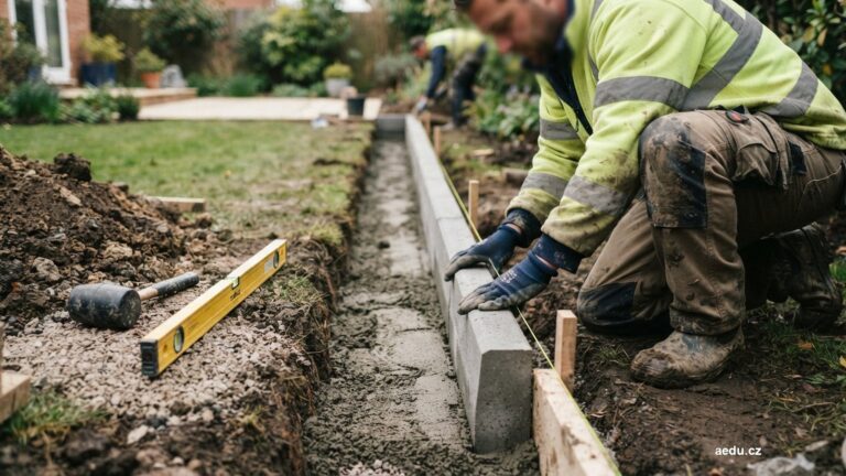 Osazování betonového obrubníku podle napnutého provázku