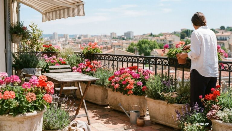 Jižní balkon se světlými truhlíky muškátů na plném slunci