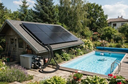 Solární absorbéry na střeše kůlny napojené na zahradní bazén