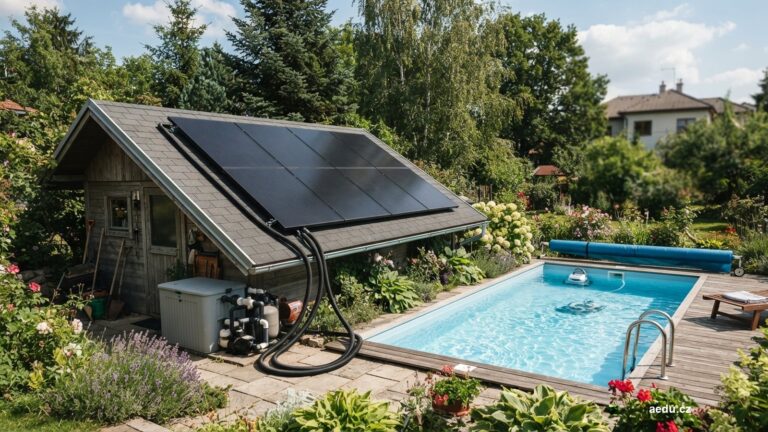 Solární absorbéry na střeše kůlny napojené na zahradní bazén
