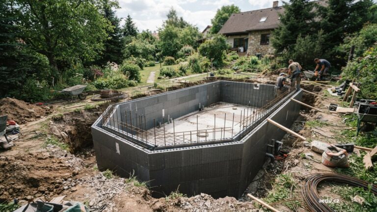Rozestavěná betonová vana bazénu ze ztraceného bednění s výztuží