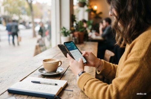Mladý člověk s bankovní aplikací v mobilu u stolu v kavárně