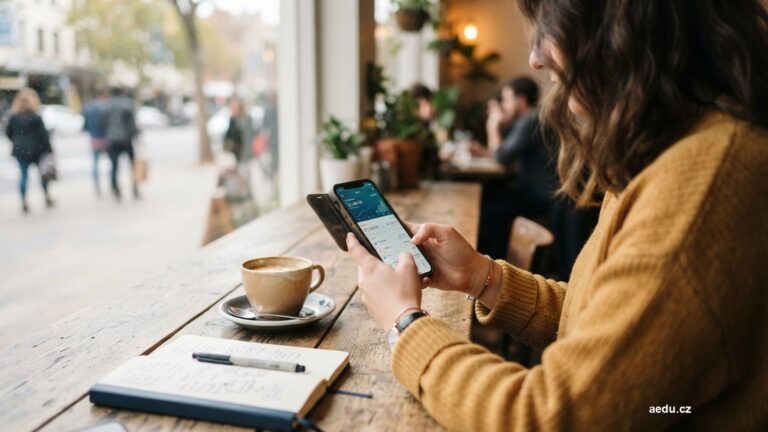 Mladý člověk s bankovní aplikací v mobilu u stolu v kavárně
