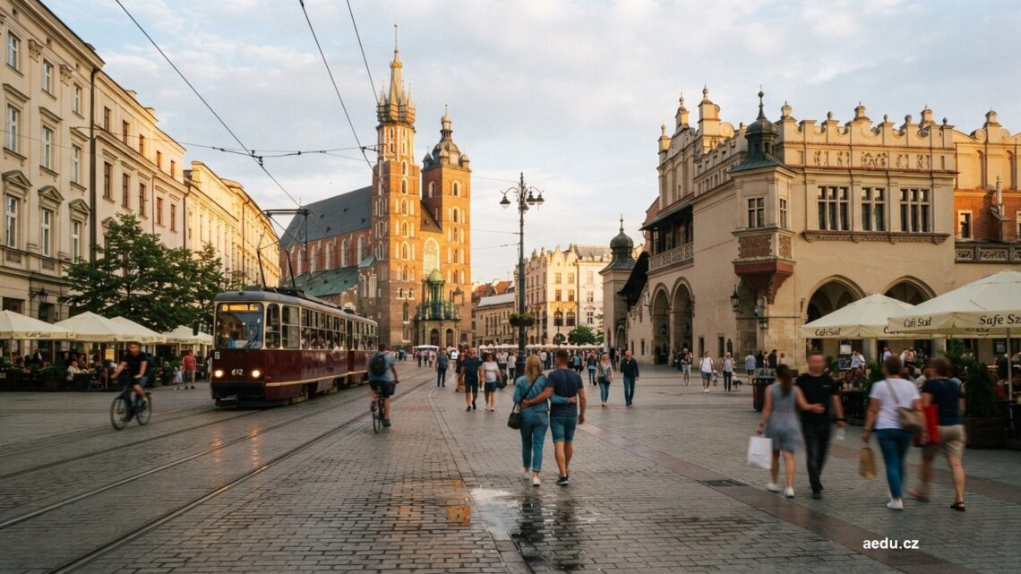 Historické náměstí evropského města s tramvají