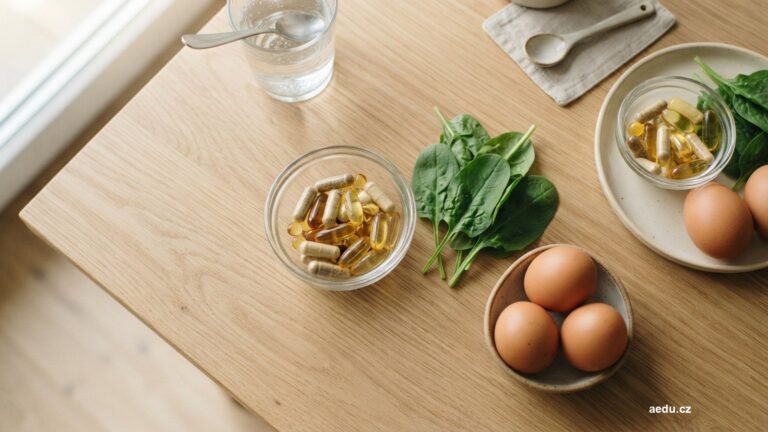 Doplňky stravy s vitaminem B12 na kuchyňském stole