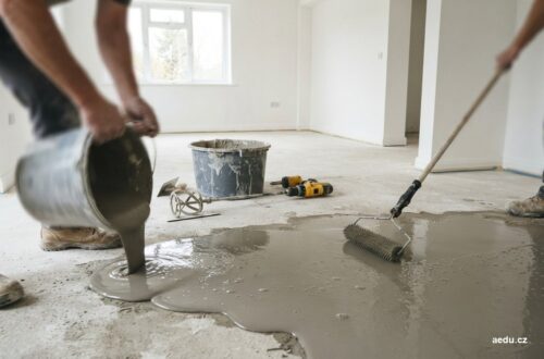 Rozlévání samonivelační stěrky po betonové podlaze a ježkový válec