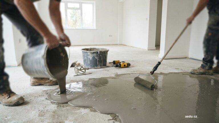 Rozlévání samonivelační stěrky po betonové podlaze a ježkový válec