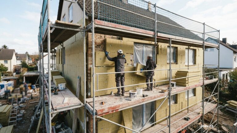 Montáž izolačních desek na fasádu domu s lešením