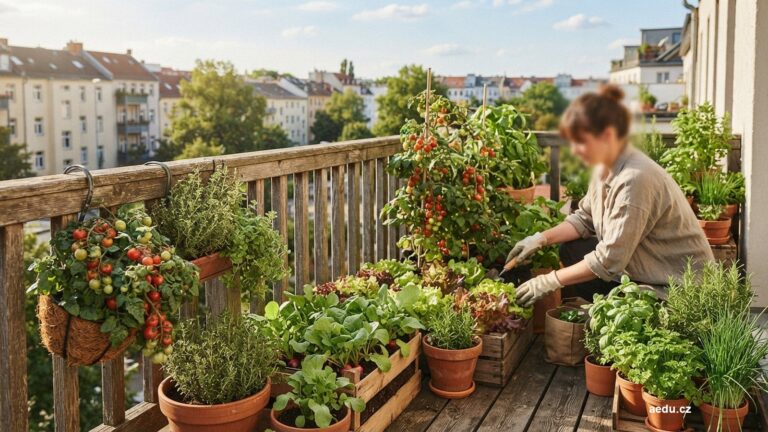 Balkon s nádobami salátu, ředkviček, cherry rajčat a bylinek