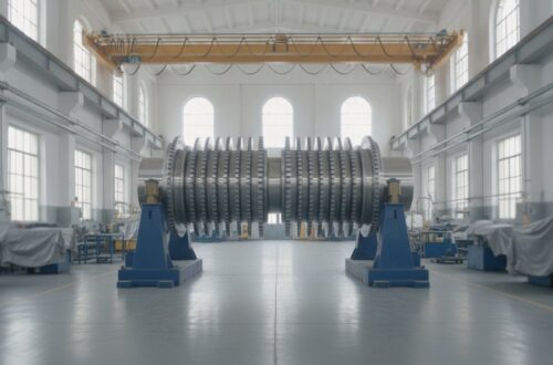 Velký lesklý rotor turbíny s řadami lopatek na modrých stojanech v dílenské hale