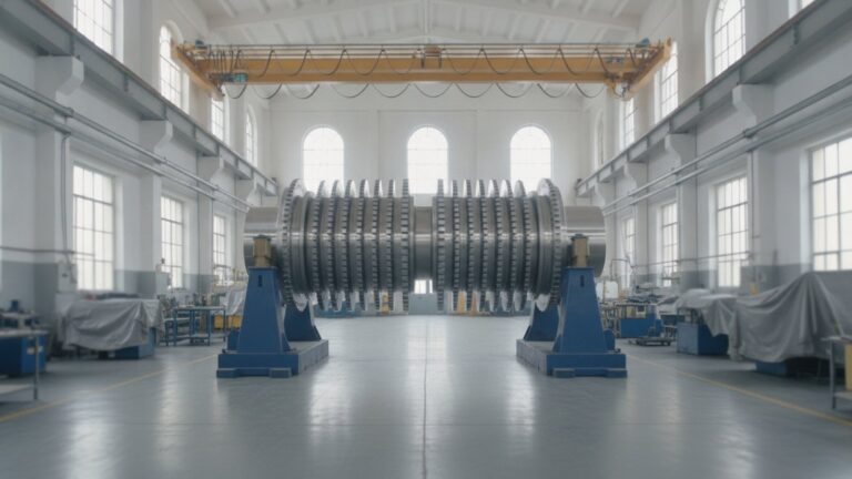 Velký lesklý rotor turbíny s řadami lopatek na modrých stojanech v dílenské hale