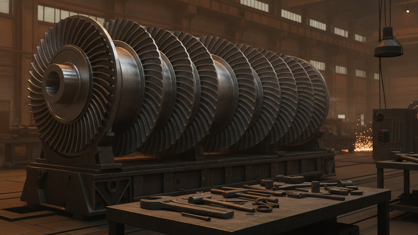 Velký kovový rotor turbíny na montážním stojanu v tovární hale