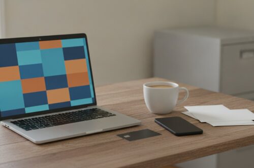 Stůl malé firmy s notebookem, telefonem, platební kartou bez potisku a hrnkem kávy