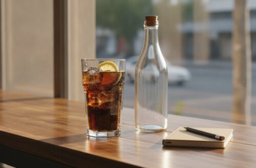 Sklenice tmavé limonády s ledem a citronem na stole u okna