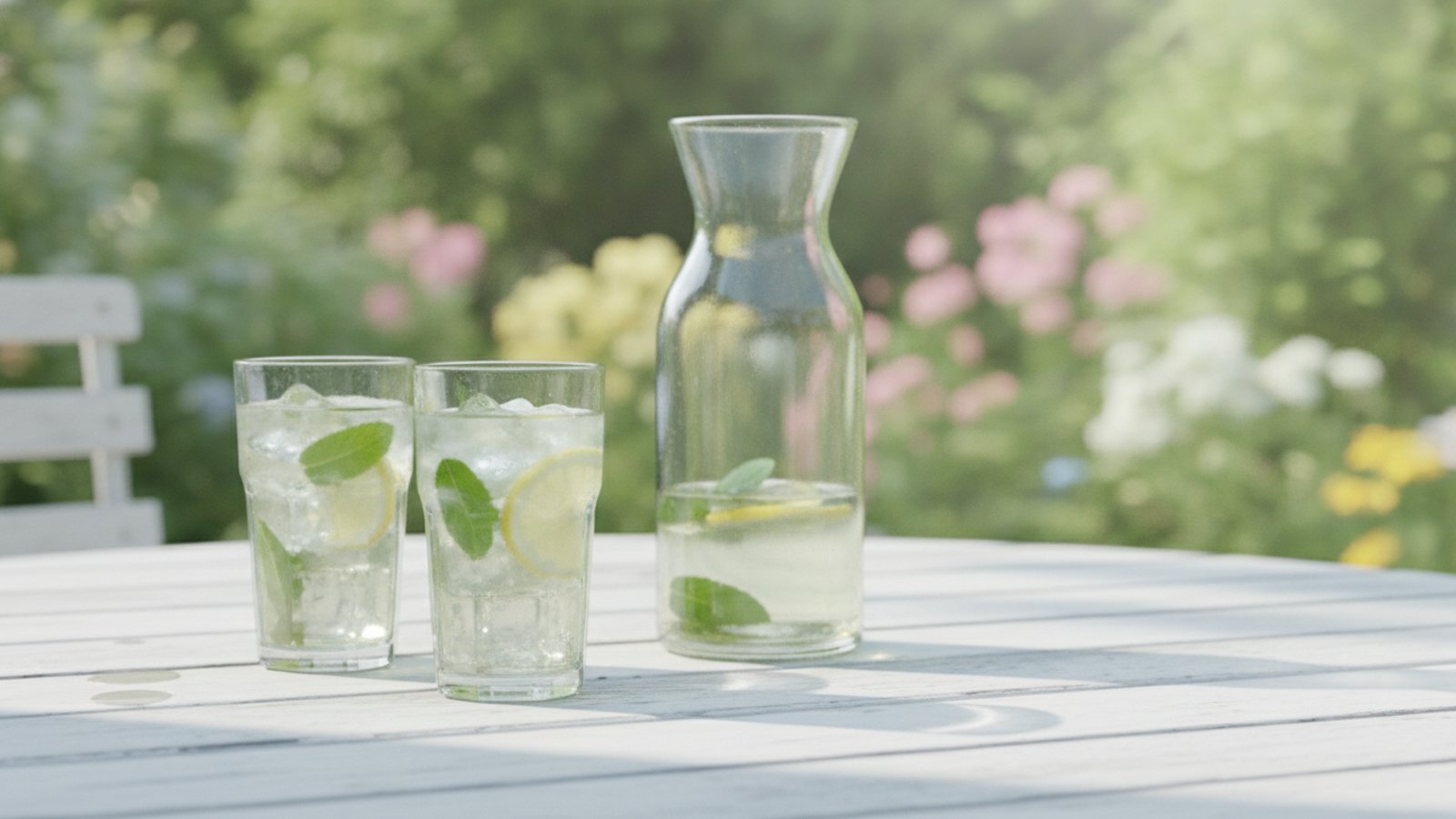 Dvě sklenice bylinkové limonády s mátou a karafa na letní terase
