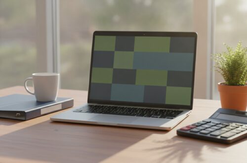 Pracovní stůl malé firmy s notebookem, hrnkem kávy, kalkulačkou a zavřeným pořadačem